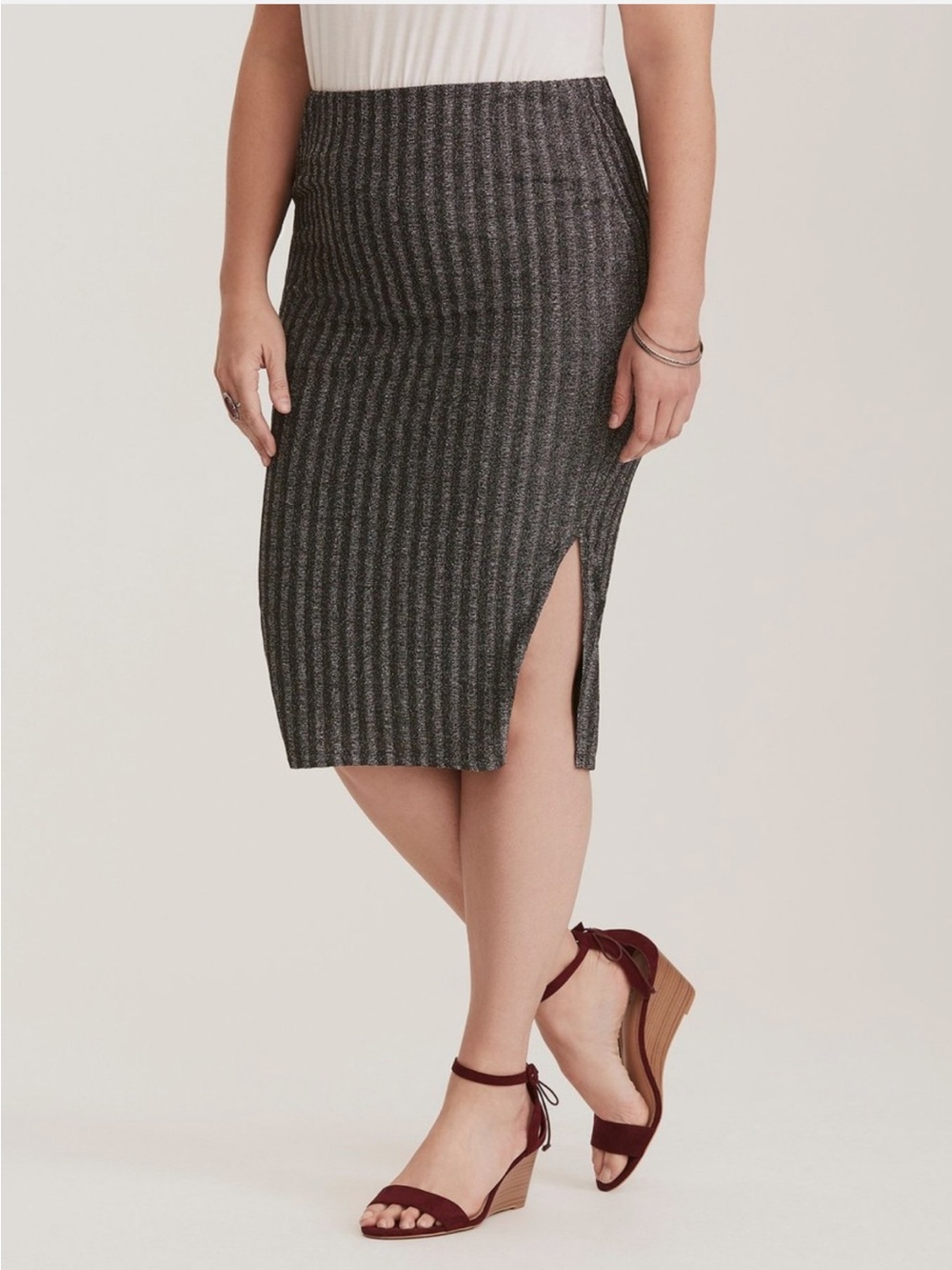 Ribbed Metallic Pencil Skirt